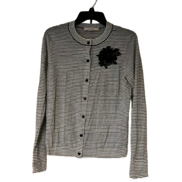 LOFT Black and White Striped Cardigan with Flower, 25% Wool  - Medium - Picture 1 of 5